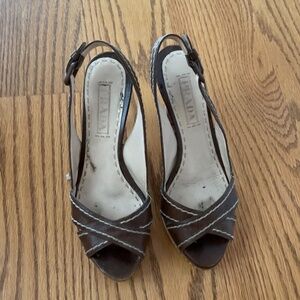 Prada Brown Leather Cork Wedge Sandals Size 36.5 (6 1/2) - Slingback Peep Toe